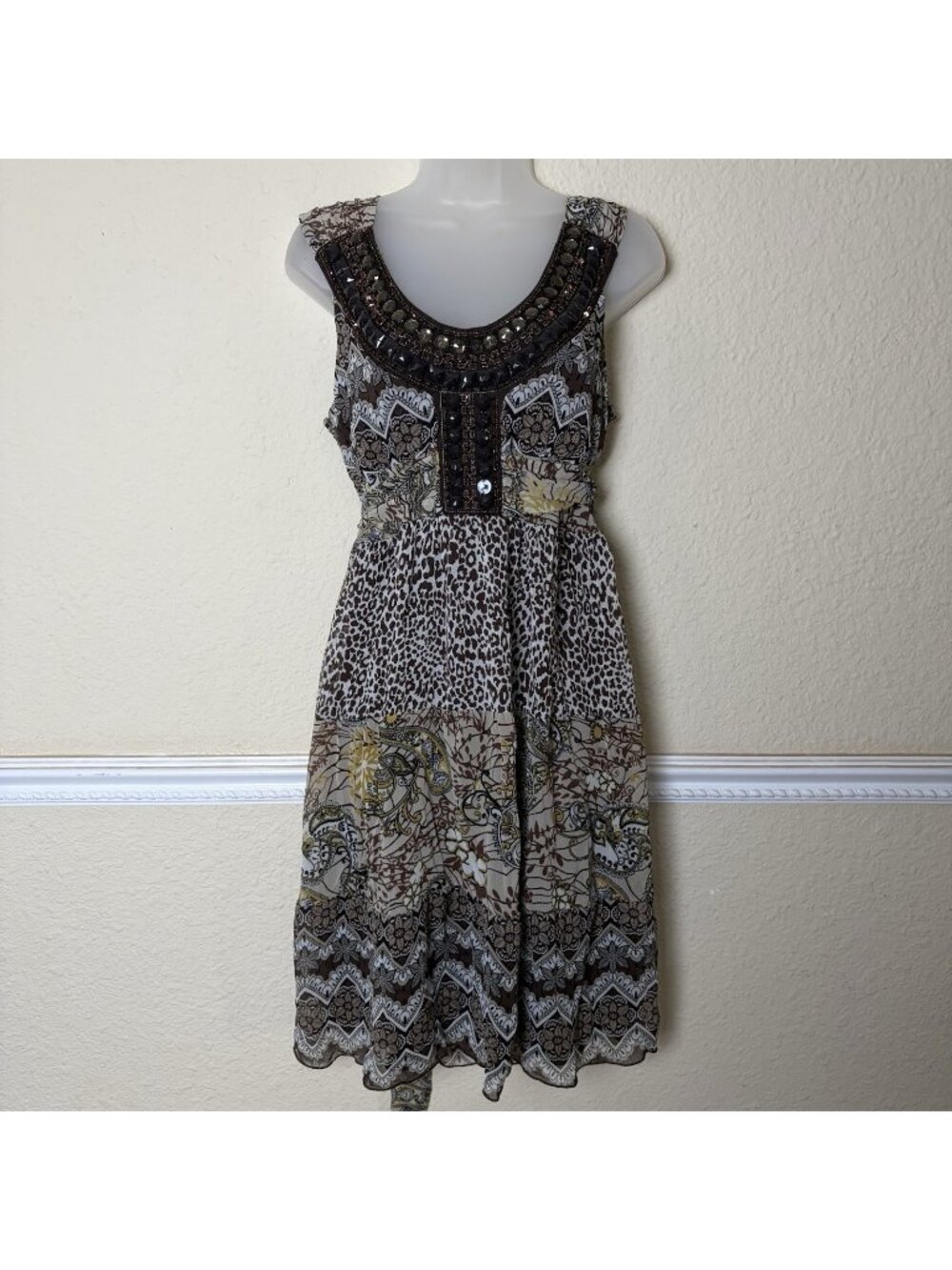 Cato Women’s 14 Y2K Boho Dress Brown Animal Print Beaded Sleeveless Midi